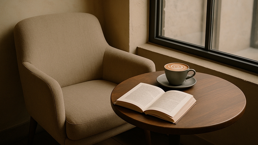 A quiet caffee corner with a beige armchair and a small round wooden table. On the table — a cappuccino in a matte cup and an open book. Natural window light illuminates the scene. Neutral tones, cozy atmosphere, no people, just the setting.