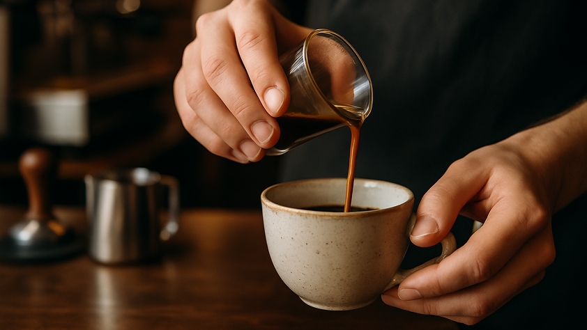 Hands of a barista gently pouring a rich espresso shot into a ceramic cup. The café background is softly blurred, with visible coffee tools like a tamper and milk pitcher. Warm lighting, dark wood counter, artisanal feel. Emphasis on process and craft.